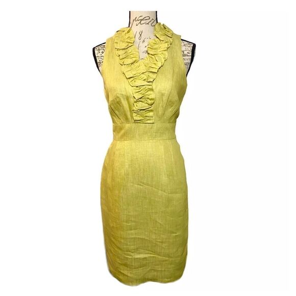 Taylor Dresses & Skirts - Taylor Chartreuse Linen Dress with Ruffle V-Neck Detail Size 8 Spring Summer